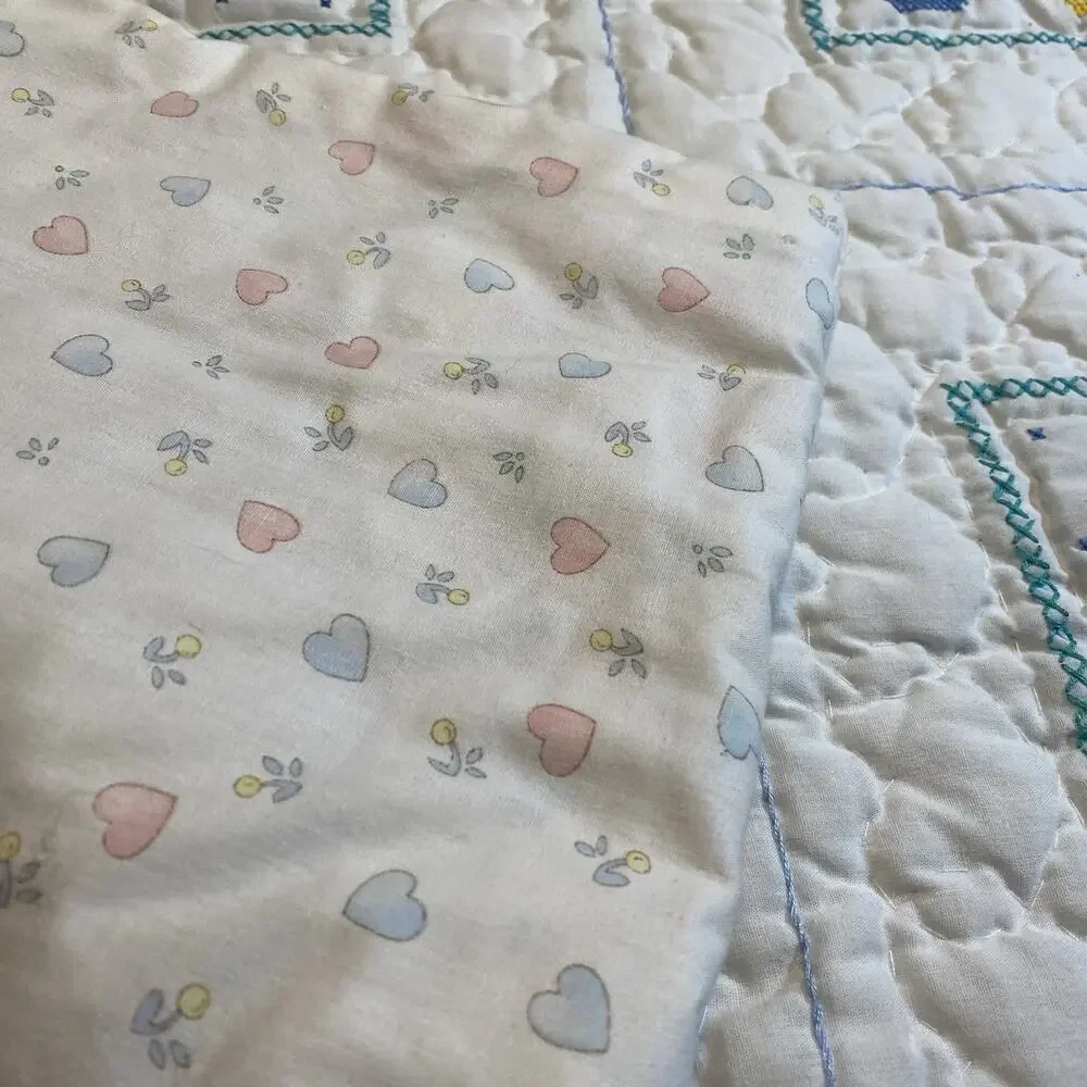 Vintage 1970s Crib Baby Coverlet Embroidery Needlepoint Novelty Quilted Blanket